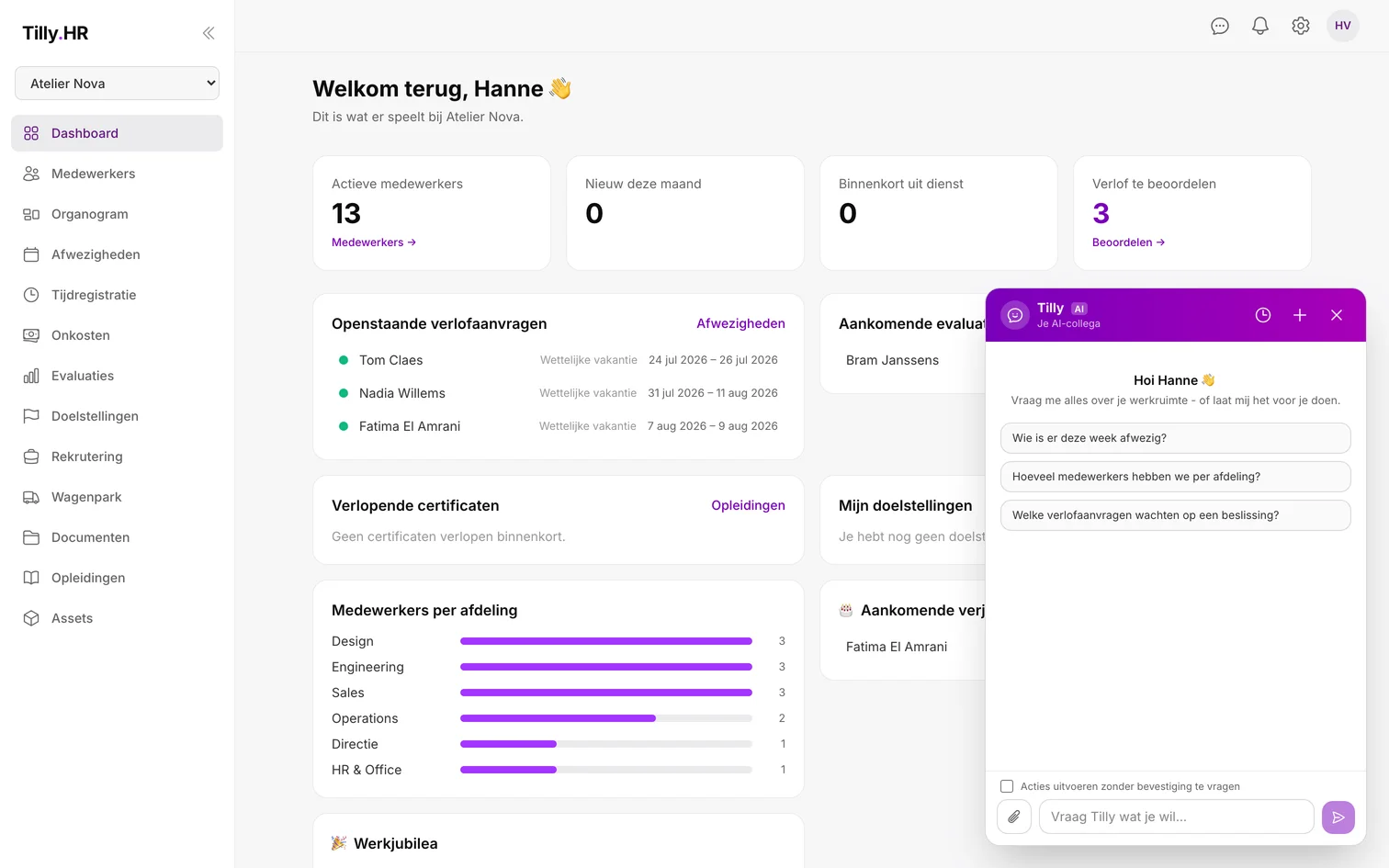 De Tilly AI-assistent open over het dashboard